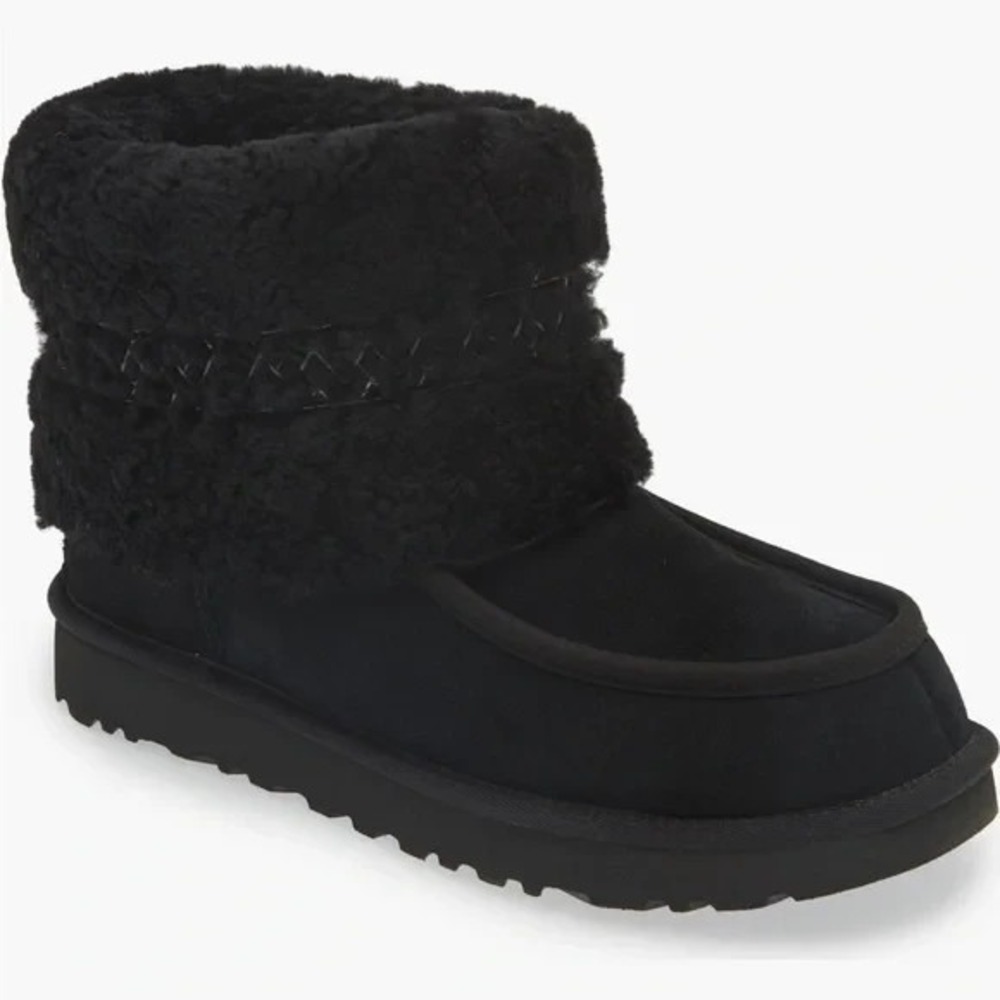 UGG MINI UGG BRAID BOOT BLACK SUEDE SHEEPSKIN WOOL WOMENS‎ US 5